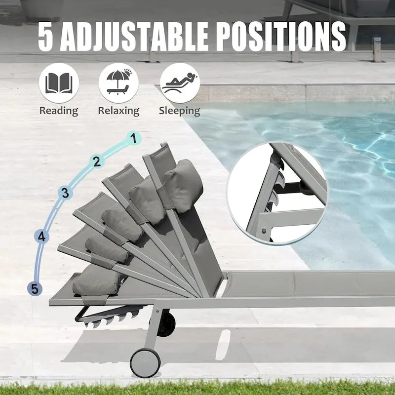 Ensemble de 3 chaises longues d'extérieur, chaises longues de piscine en aluminium avec table d'appoint et roulettes, rembourrées réglables pour piscine et plage