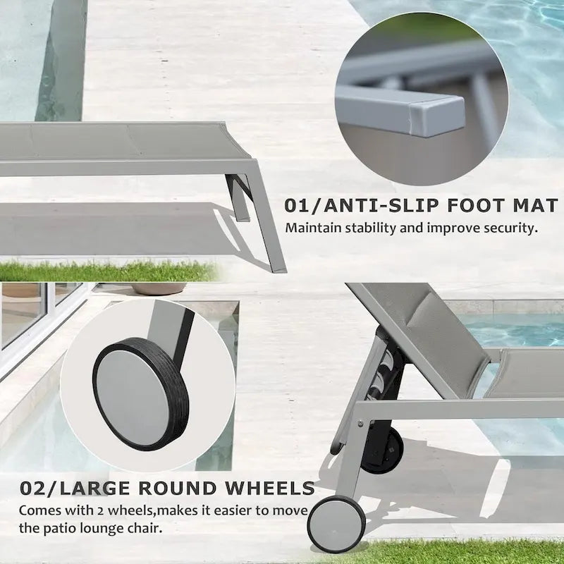 Ensemble de 3 chaises longues d'extérieur, chaises longues de piscine en aluminium avec table d'appoint et roulettes, rembourrées réglables pour piscine et plage