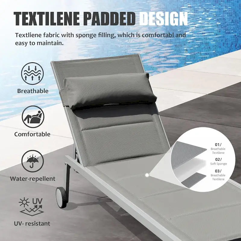 Ensemble de 3 chaises longues d'extérieur, chaises longues de piscine en aluminium avec table d'appoint et roulettes, rembourrées réglables pour piscine et plage