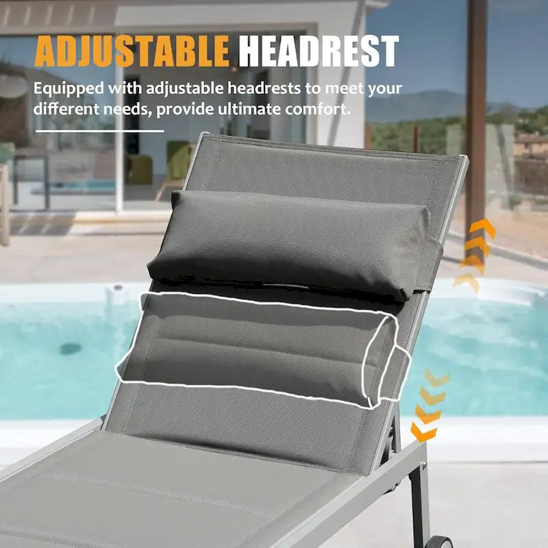 Ensemble de 3 chaises longues d'extérieur, chaises longues de piscine en aluminium avec table d'appoint et roulettes, rembourrées réglables pour piscine et plage
