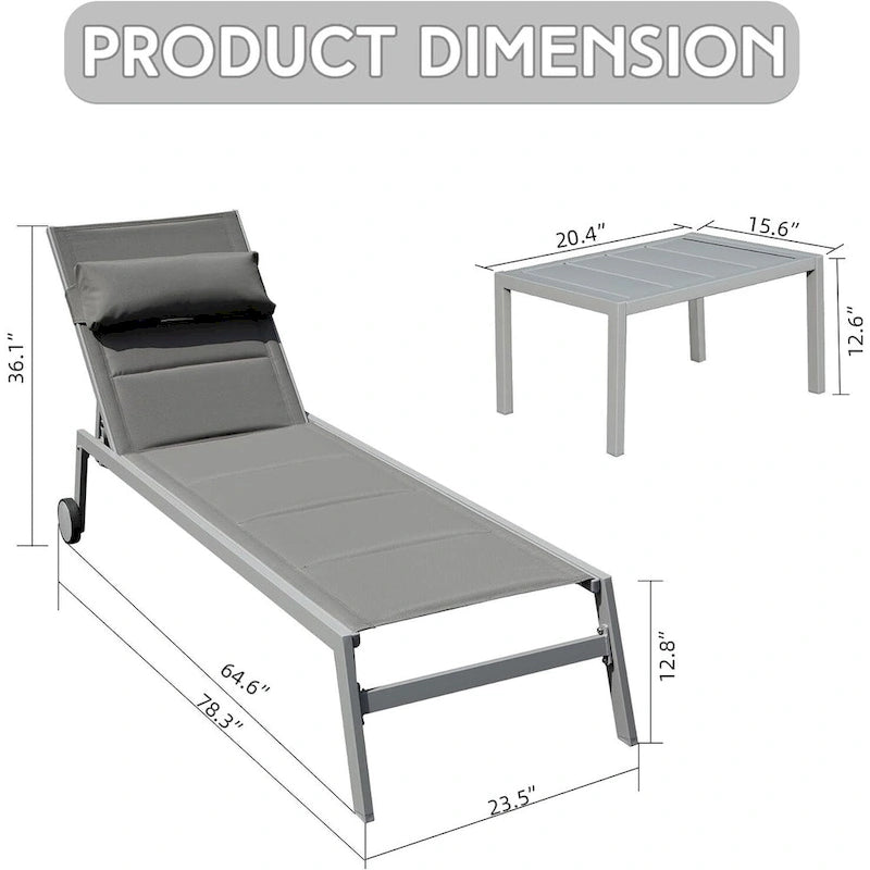 Ensemble de 3 chaises longues d'extérieur, chaises longues de piscine en aluminium avec table d'appoint et roulettes, rembourrées réglables pour piscine et plage