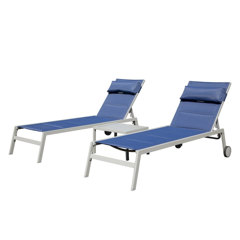 Ensemble de 3 chaises longues d'extérieur, chaises longues de piscine en aluminium avec table d'appoint et roulettes, rembourrées réglables pour piscine et plage