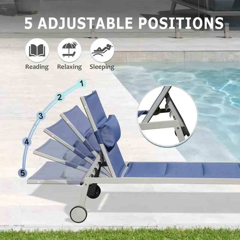 Ensemble de 3 chaises longues d'extérieur, chaises longues de piscine en aluminium avec table d'appoint et roulettes, rembourrées réglables pour piscine et plage