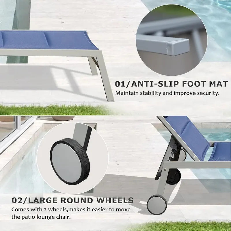 Ensemble de 3 chaises longues d'extérieur, chaises longues de piscine en aluminium avec table d'appoint et roulettes, rembourrées réglables pour piscine et plage