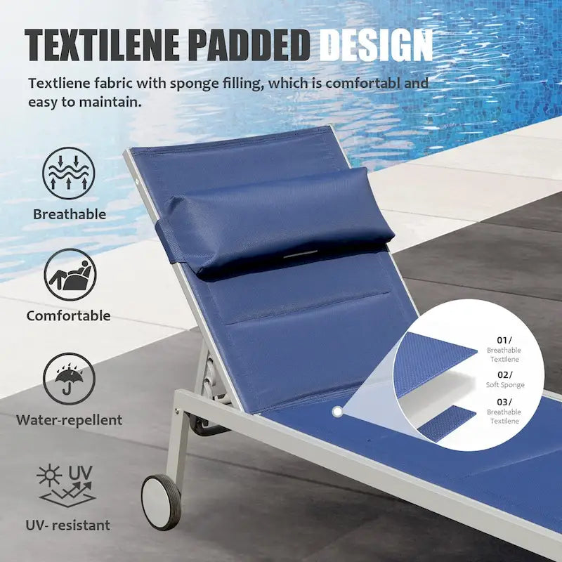 Ensemble de 3 chaises longues d'extérieur, chaises longues de piscine en aluminium avec table d'appoint et roulettes, rembourrées réglables pour piscine et plage
