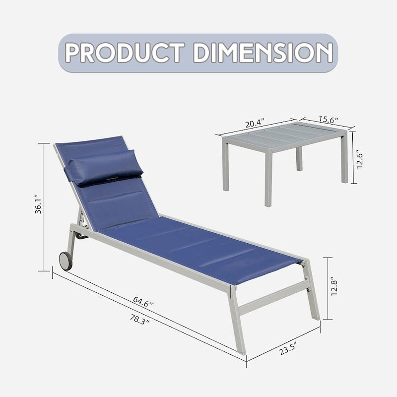 Ensemble de 3 chaises longues d'extérieur, chaises longues de piscine en aluminium avec table d'appoint et roulettes, rembourrées réglables pour piscine et plage