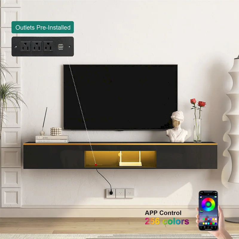 Meuble TV flottant mural avec LED 16 couleurs, meuble TV moderne 69 pouces, meuble TV flottant, meuble de divertissement
