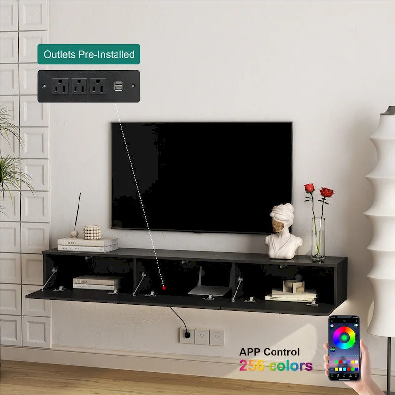 Meuble TV flottant mural avec LED 16 couleurs, meuble TV moderne 69 pouces, meuble TV flottant, meuble de divertissement