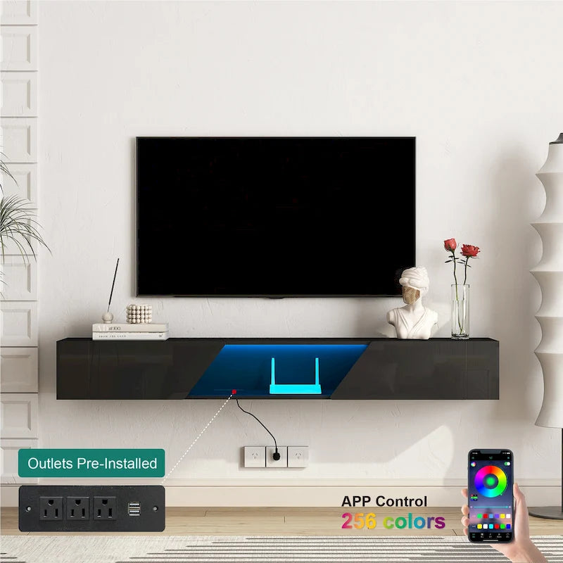 Meuble TV flottant mural avec LED 16 couleurs, meuble TV moderne 69 pouces, meuble TV flottant, meuble de divertissement