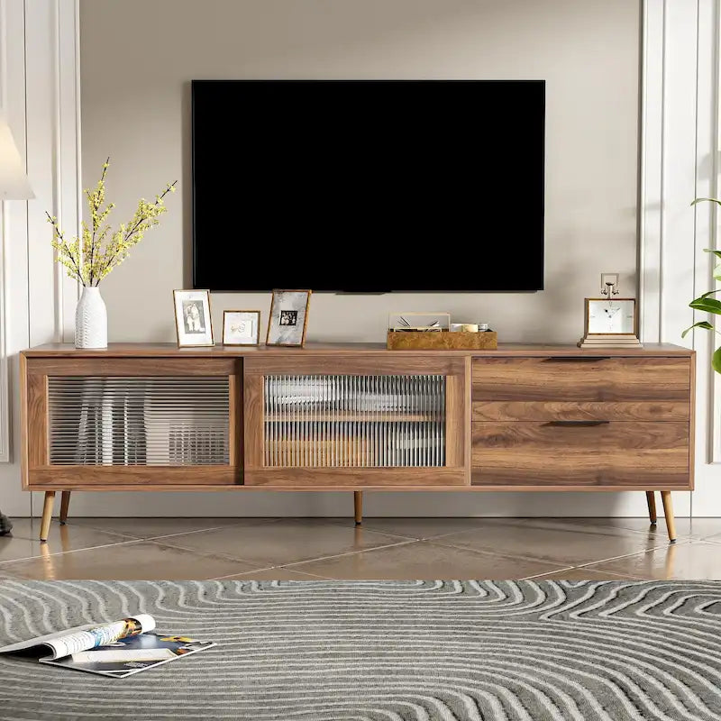 Meuble TV moderne pour téléviseur 75"+, Console TV avec 2 portes en verre, Meuble de rangement avec 2 tiroirs et armoire de rangement