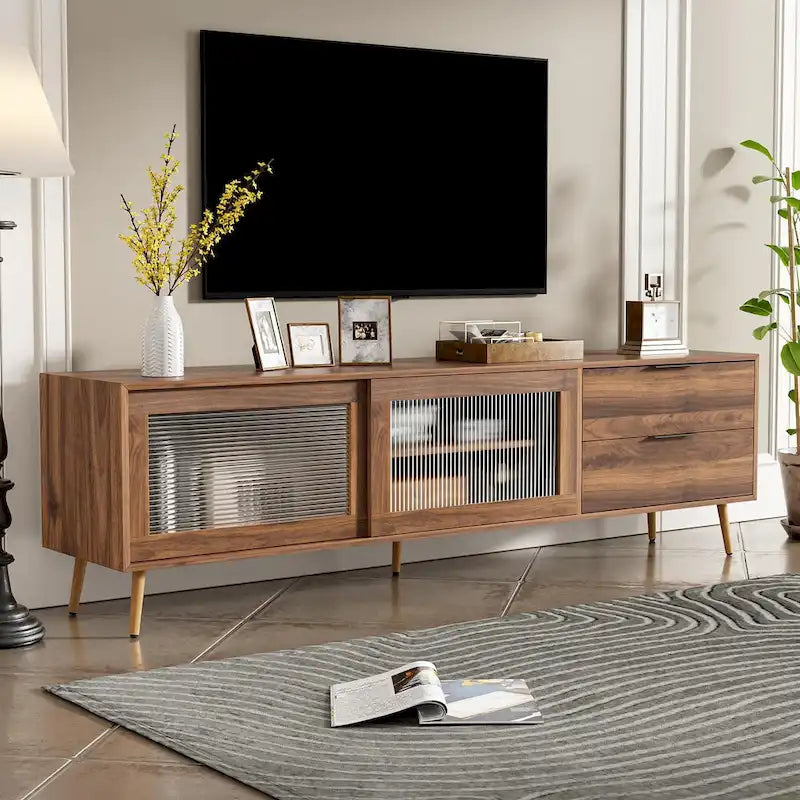 Meuble TV moderne pour téléviseur 75"+, Console TV avec 2 portes en verre, Meuble de rangement avec 2 tiroirs et armoire de rangement