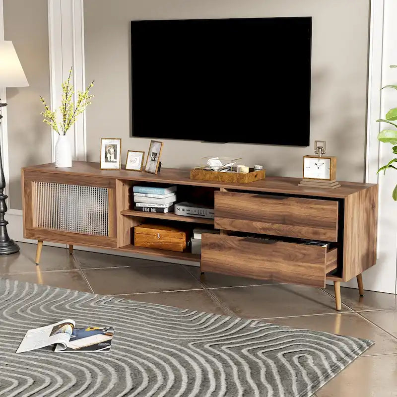 Meuble TV moderne pour téléviseur 75"+, Console TV avec 2 portes en verre, Meuble de rangement avec 2 tiroirs et armoire de rangement