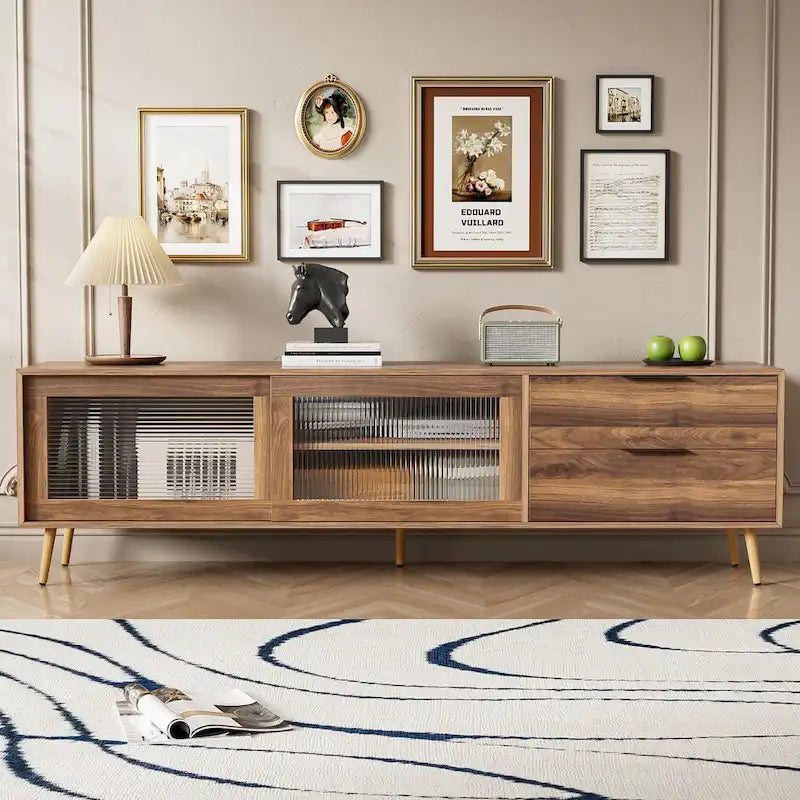 Meuble TV moderne pour téléviseur 75"+, Console TV avec 2 portes en verre, Meuble de rangement avec 2 tiroirs et armoire de rangement