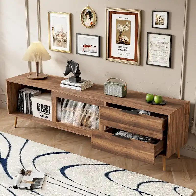 Meuble TV moderne pour téléviseur 75"+, Console TV avec 2 portes en verre, Meuble de rangement avec 2 tiroirs et armoire de rangement