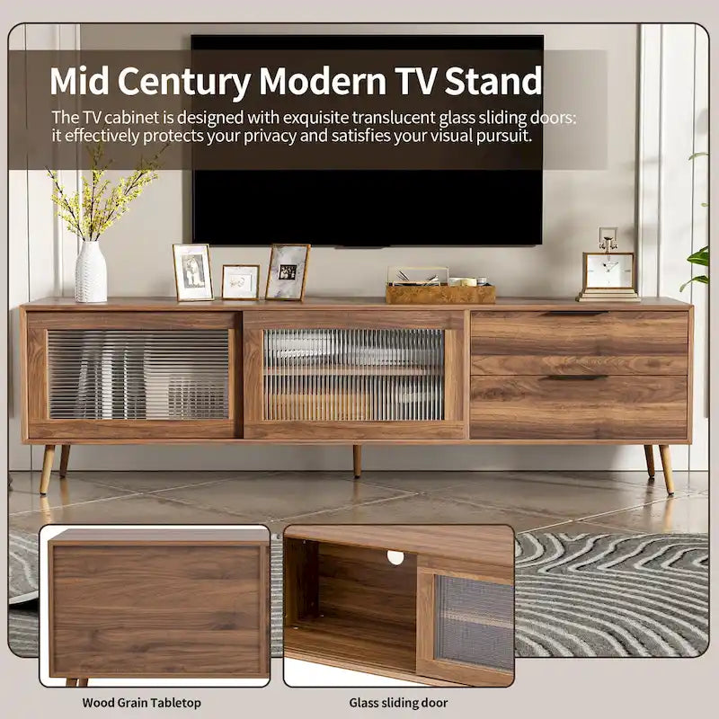 Meuble TV moderne pour téléviseur 75"+, Console TV avec 2 portes en verre, Meuble de rangement avec 2 tiroirs et armoire de rangement
