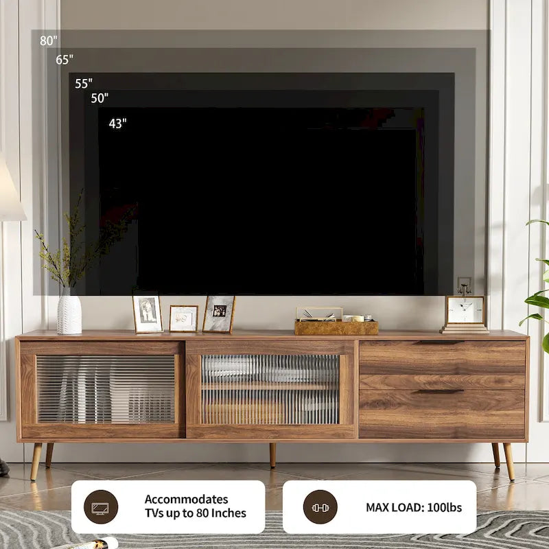Meuble TV moderne pour téléviseur 75"+, Console TV avec 2 portes en verre, Meuble de rangement avec 2 tiroirs et armoire de rangement