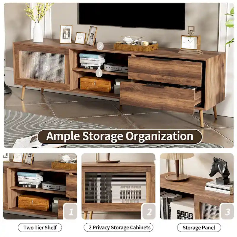 Meuble TV moderne pour téléviseur 75"+, Console TV avec 2 portes en verre, Meuble de rangement avec 2 tiroirs et armoire de rangement