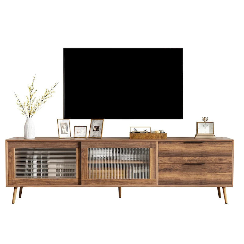 Meuble TV moderne pour téléviseur 75"+, Console TV avec 2 portes en verre, Meuble de rangement avec 2 tiroirs et armoire de rangement
