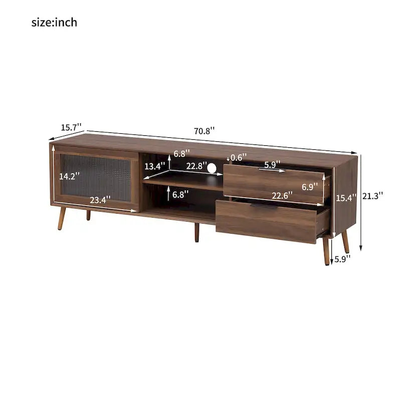 Meuble TV moderne pour téléviseur 75"+, Console TV avec 2 portes en verre, Meuble de rangement avec 2 tiroirs et armoire de rangement