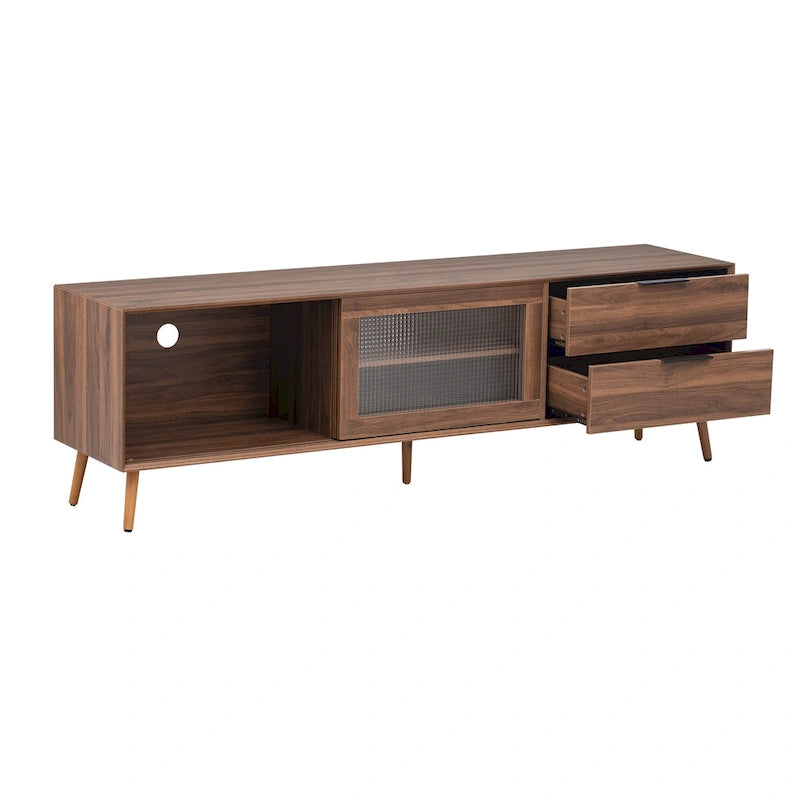 Meuble TV moderne pour téléviseur 75"+, Console TV avec 2 portes en verre, Meuble de rangement avec 2 tiroirs et armoire de rangement