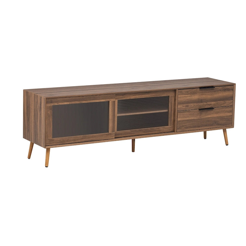 Meuble TV moderne pour téléviseur 75"+, Console TV avec 2 portes en verre, Meuble de rangement avec 2 tiroirs et armoire de rangement