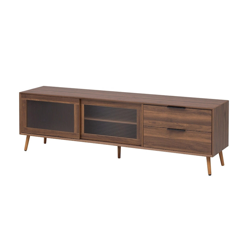 Meuble TV moderne pour téléviseur 75"+, Console TV avec 2 portes en verre, Meuble de rangement avec 2 tiroirs et armoire de rangement