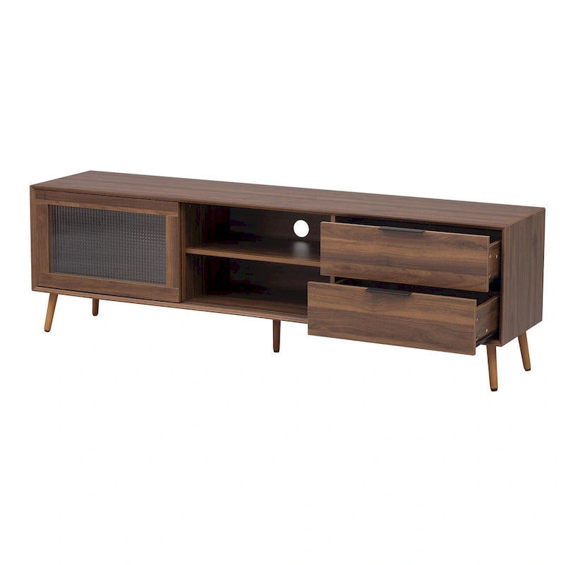 Meuble TV moderne pour téléviseur 75"+, Console TV avec 2 portes en verre, Meuble de rangement avec 2 tiroirs et armoire de rangement