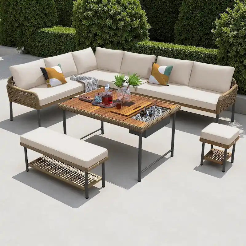 Ensemble de canapé d'angle en corde pour terrasse extérieure 6 pièces avec table en bois d'acacia et glacière