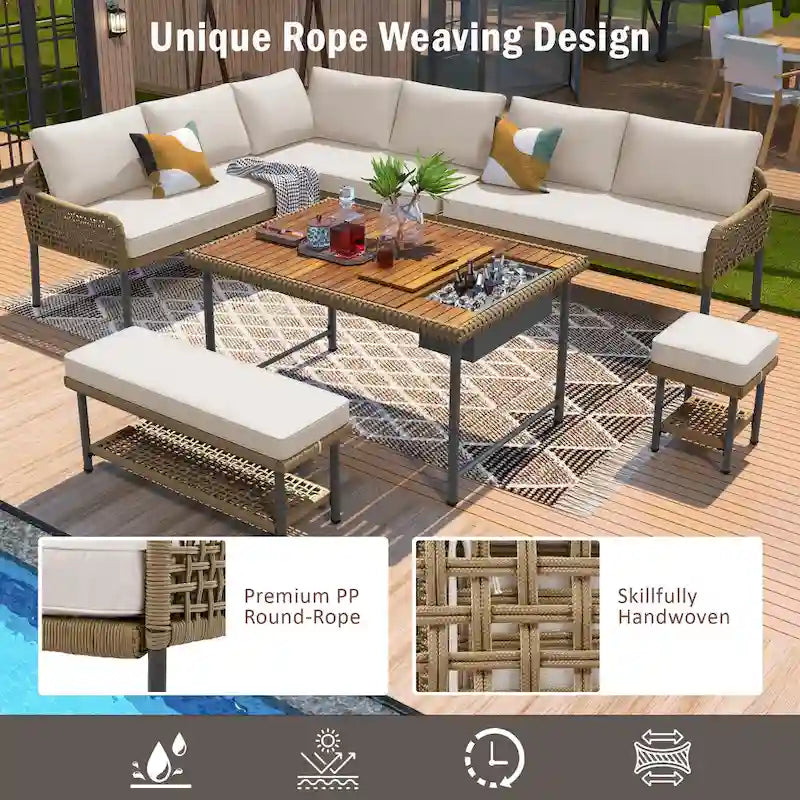 Ensemble de canapé d'angle en corde pour terrasse extérieure 6 pièces avec table en bois d'acacia et glacière
