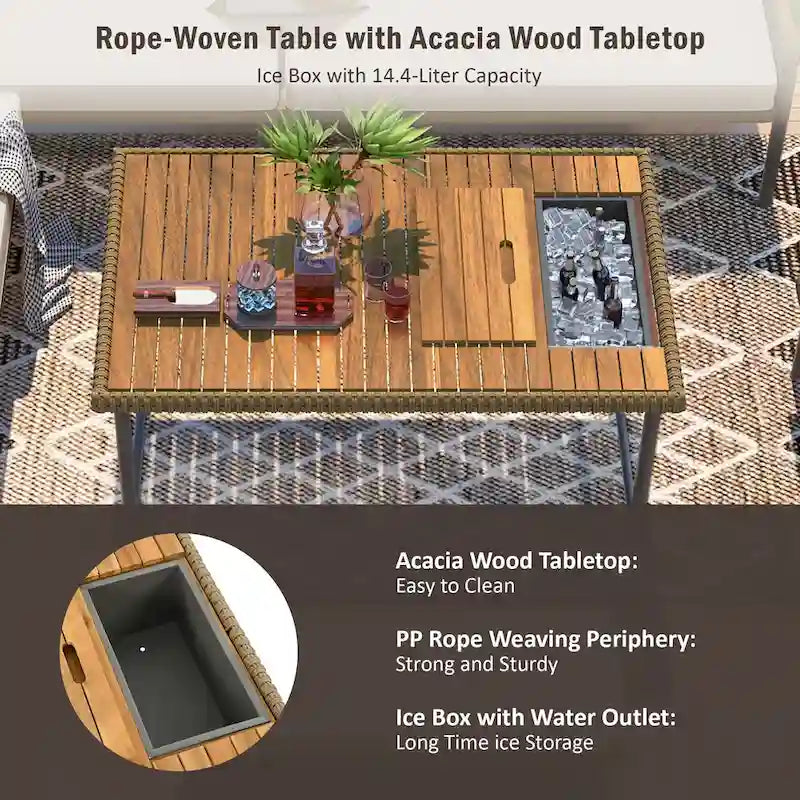 Ensemble de canapé d'angle en corde pour terrasse extérieure 6 pièces avec table en bois d'acacia et glacière