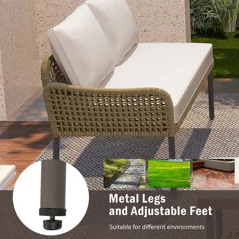 Ensemble de canapé d'angle en corde pour terrasse extérieure 6 pièces avec table en bois d'acacia et glacière
