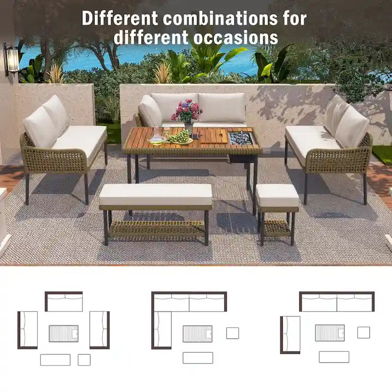 Ensemble de canapé d'angle en corde pour terrasse extérieure 6 pièces avec table en bois d'acacia et glacière