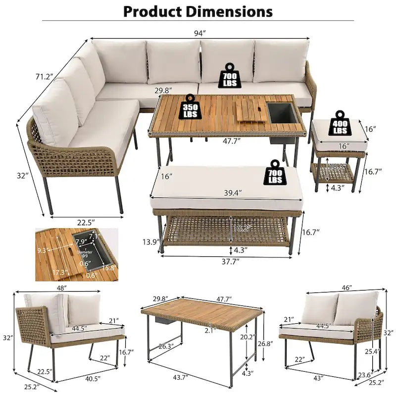 Ensemble de canapé d'angle en corde pour terrasse extérieure 6 pièces avec table en bois d'acacia et glacière