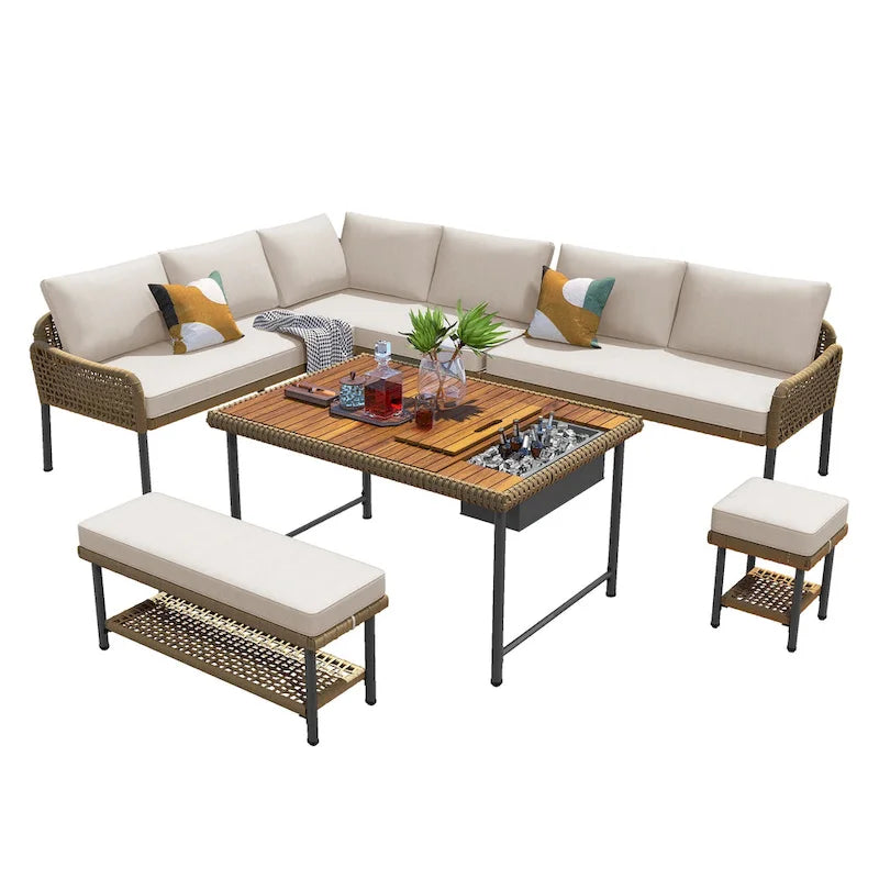 Ensemble de canapé d'angle en corde pour terrasse extérieure 6 pièces avec table en bois d'acacia et glacière