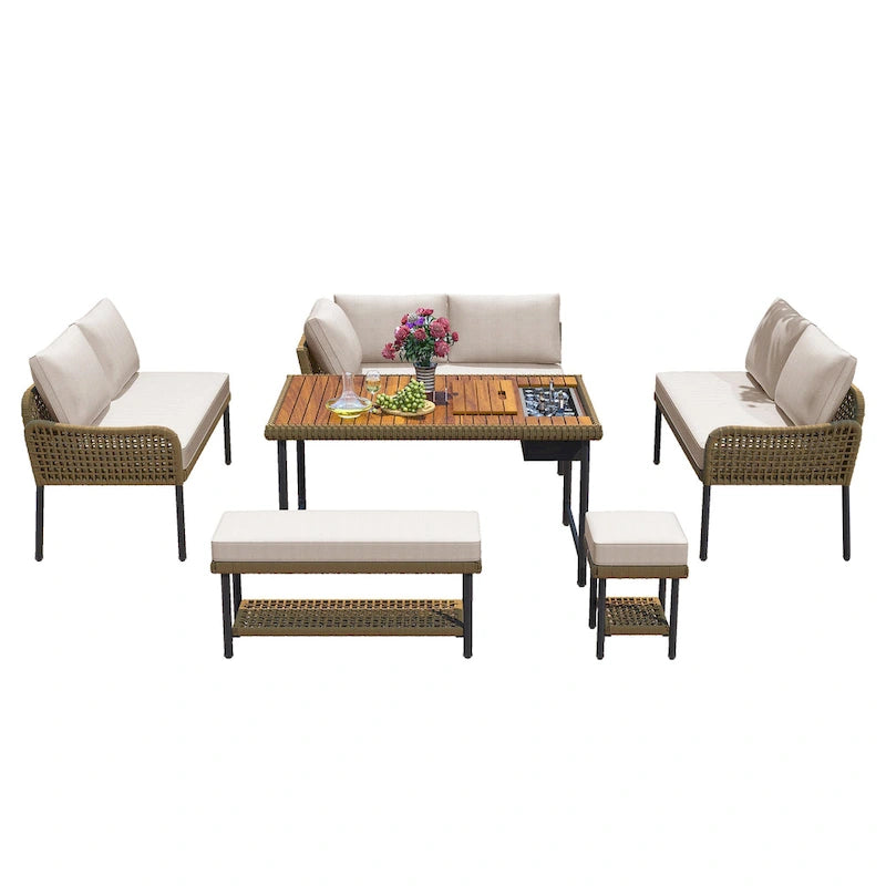 Ensemble de canapé d'angle en corde pour terrasse extérieure 6 pièces avec table en bois d'acacia et glacière