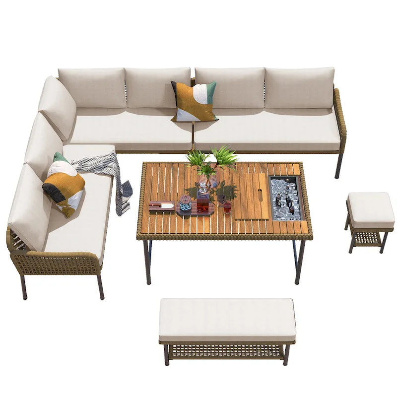 Ensemble de canapé d'angle en corde pour terrasse extérieure 6 pièces avec table en bois d'acacia et glacière
