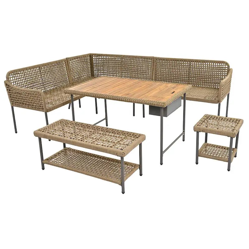 Ensemble de canapé d'angle en corde pour terrasse extérieure 6 pièces avec table en bois d'acacia et glacière