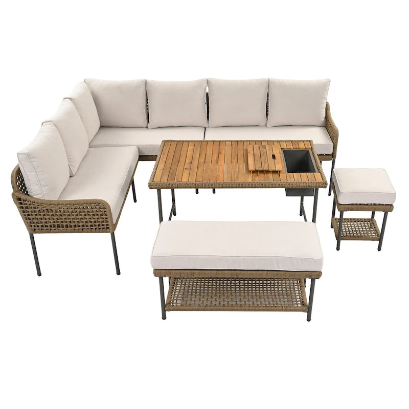 Ensemble de canapé d'angle en corde pour terrasse extérieure 6 pièces avec table en bois d'acacia et glacière