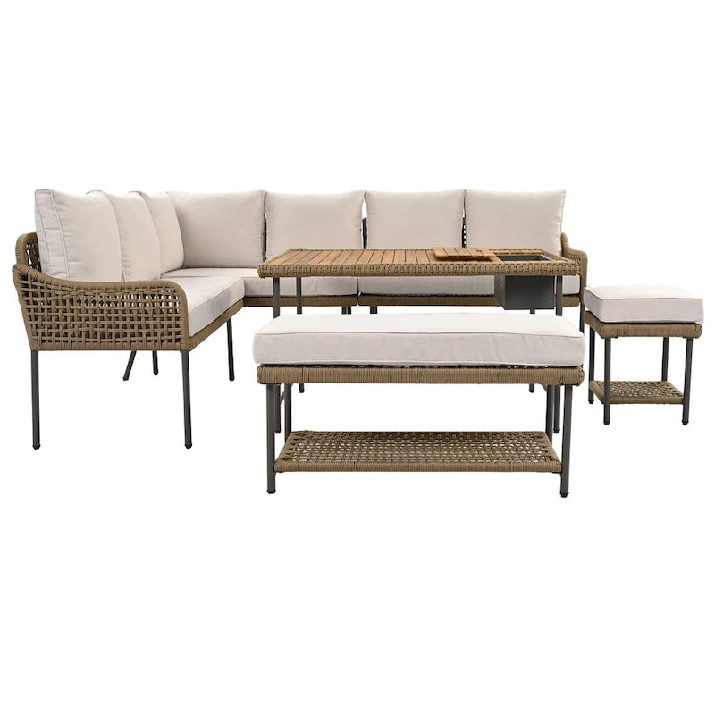 Ensemble de canapé d'angle en corde pour terrasse extérieure 6 pièces avec table en bois d'acacia et glacière