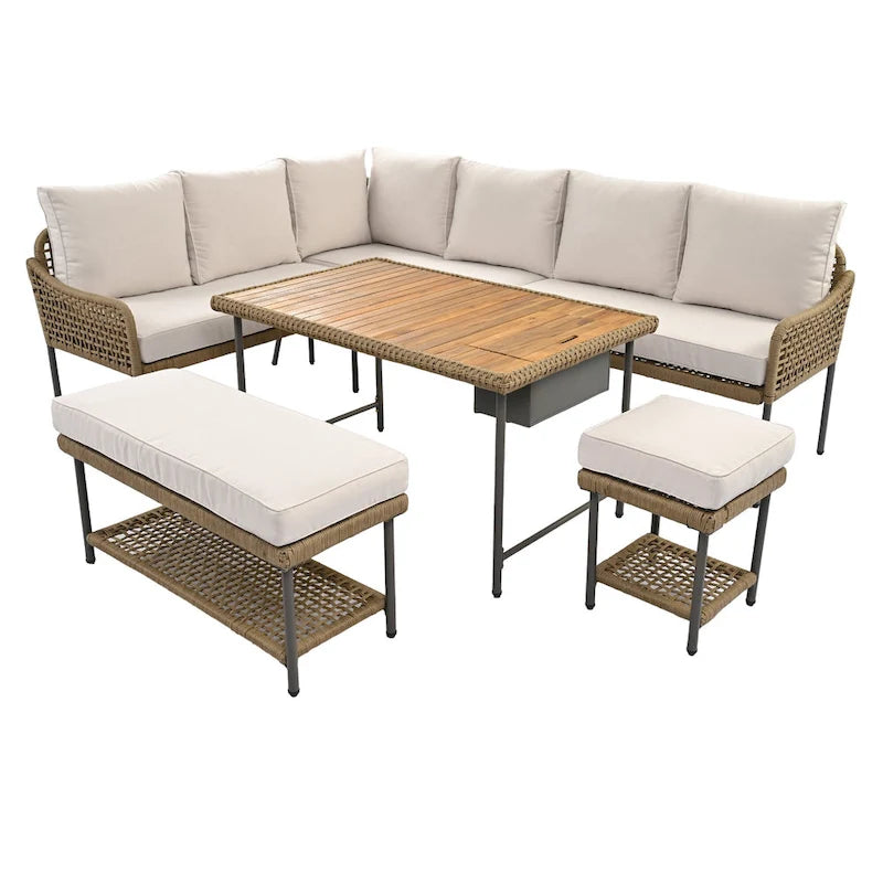 Ensemble de canapé d'angle en corde pour terrasse extérieure 6 pièces avec table en bois d'acacia et glacière