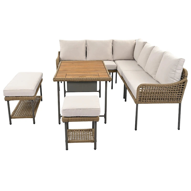 Ensemble de canapé d'angle en corde pour terrasse extérieure 6 pièces avec table en bois d'acacia et glacière