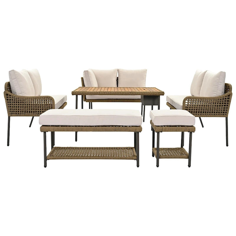 Ensemble de canapé d'angle en corde pour terrasse extérieure 6 pièces avec table en bois d'acacia et glacière