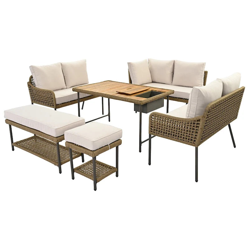 Ensemble de canapé d'angle en corde pour terrasse extérieure 6 pièces avec table en bois d'acacia et glacière