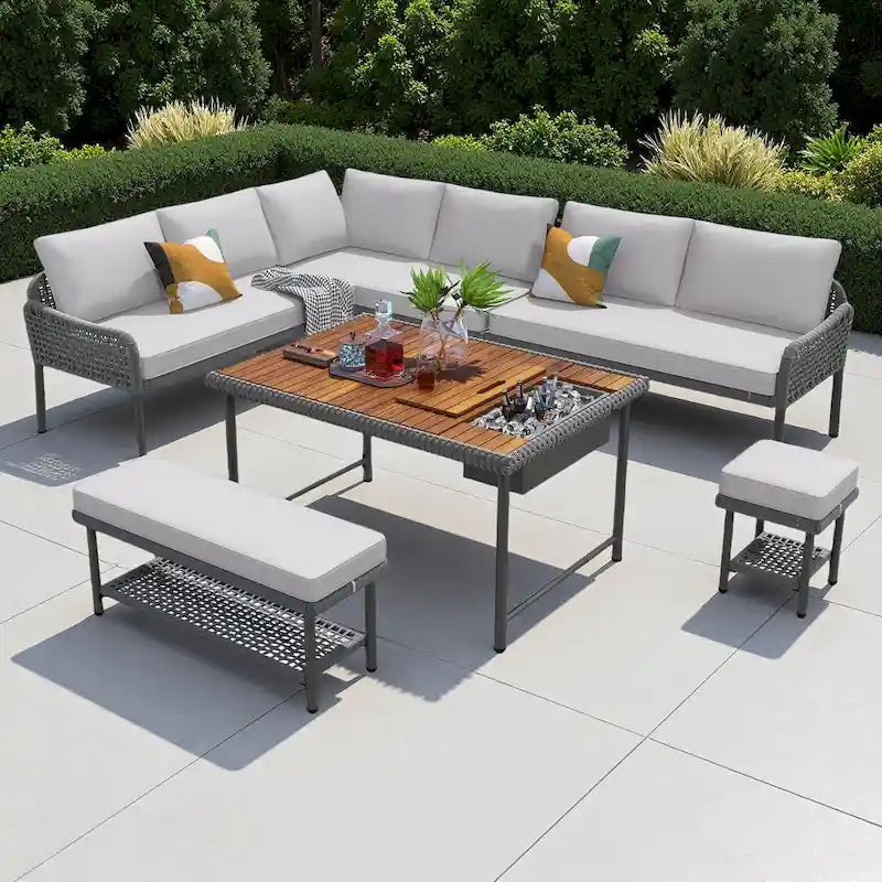 Ensemble de canapé d'angle en corde pour terrasse extérieure 6 pièces avec table en bois d'acacia et glacière