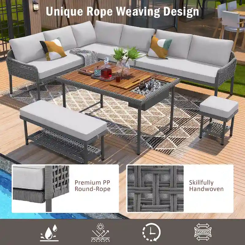 Ensemble de canapé d'angle en corde pour terrasse extérieure 6 pièces avec table en bois d'acacia et glacière