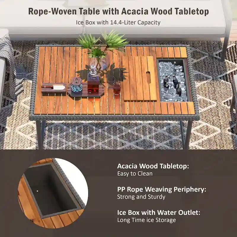 Ensemble de canapé d'angle en corde pour terrasse extérieure 6 pièces avec table en bois d'acacia et glacière