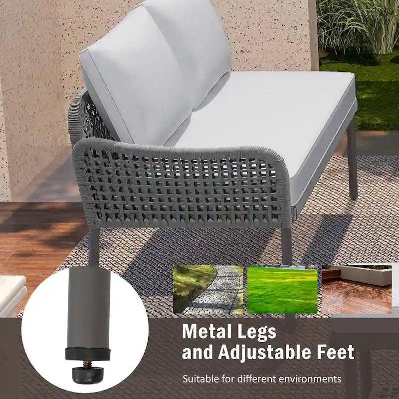 Ensemble de canapé d'angle en corde pour terrasse extérieure 6 pièces avec table en bois d'acacia et glacière