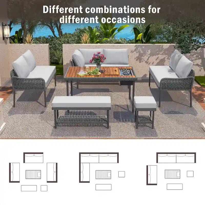 Ensemble de canapé d'angle en corde pour terrasse extérieure 6 pièces avec table en bois d'acacia et glacière