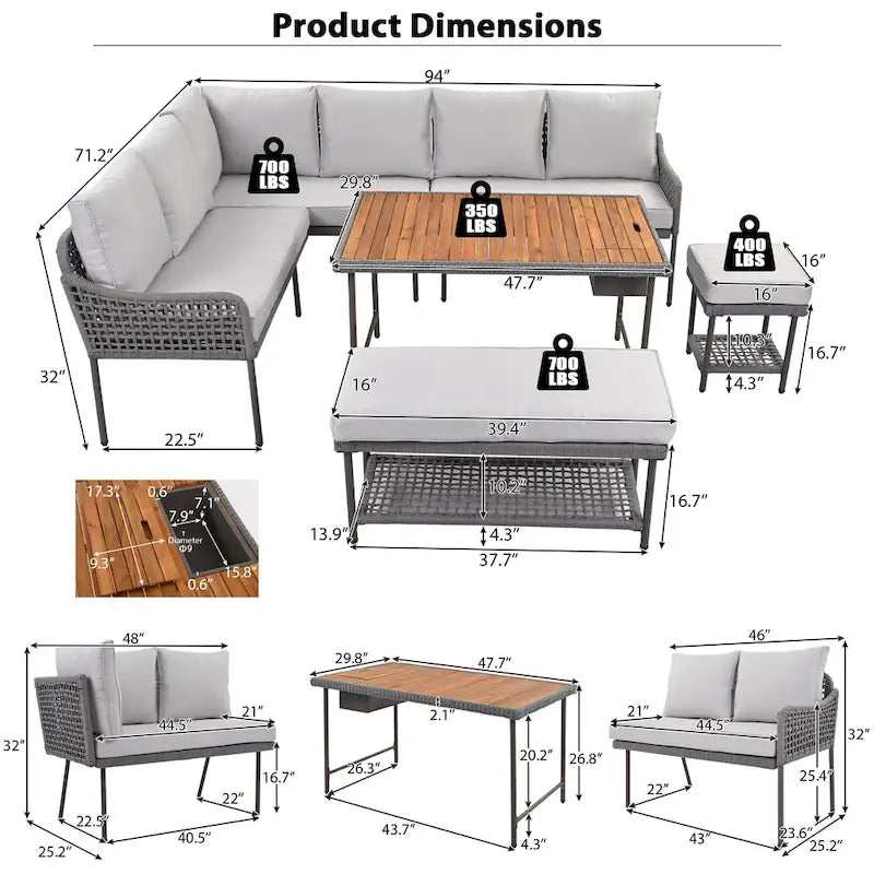 Ensemble de canapé d'angle en corde pour terrasse extérieure 6 pièces avec table en bois d'acacia et glacière