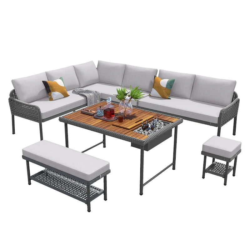 Ensemble de canapé d'angle en corde pour terrasse extérieure 6 pièces avec table en bois d'acacia et glacière